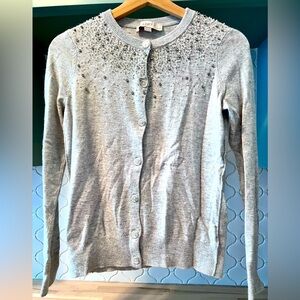 LOFT Crystal & Pearl Beaded Light Gray Cardigan
